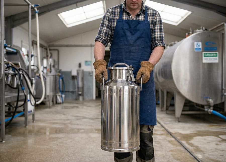 A farm worker easily carrying a 50L insulated milk can.