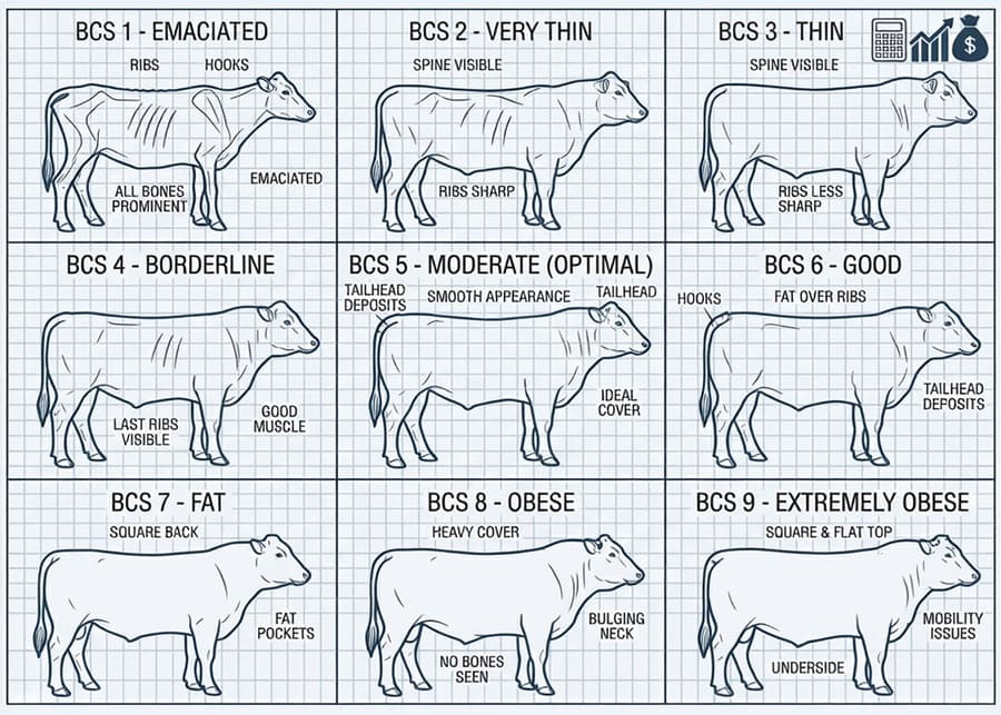 A chart showing the 9-point body condition score for beef cattle