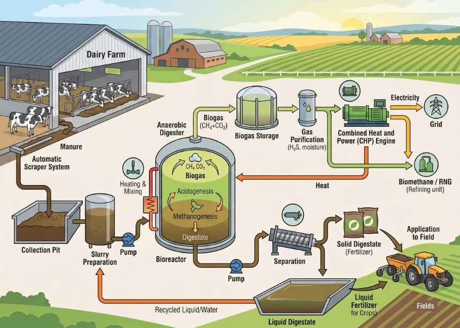 A diagram showing the biogas production process from cow dung on a dairy farm.