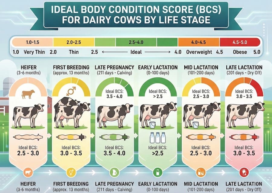A chart of ideal body condition scores (BCS) for dairy cows at various life stages.