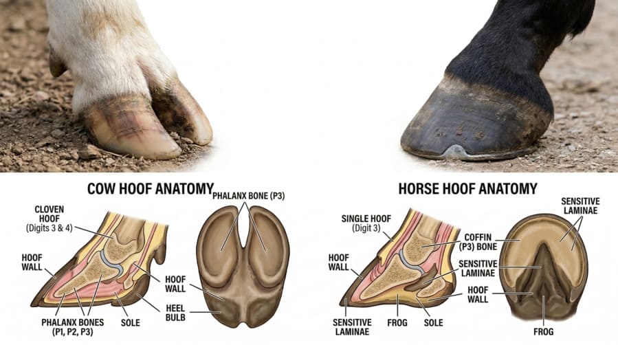 Cow Hoof vs Horse Hoof Anatomy A close-up comparison of a cloven cow hoof and a single horse hoof