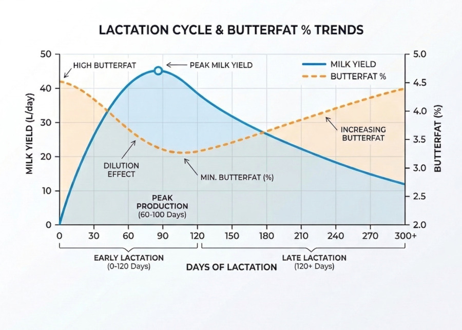A chart showing the lactation curve and milk fat percentage