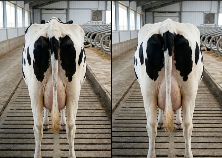 An illustration comparing the V-shape and U-shape on a dairy cow's hindquarters for BCS