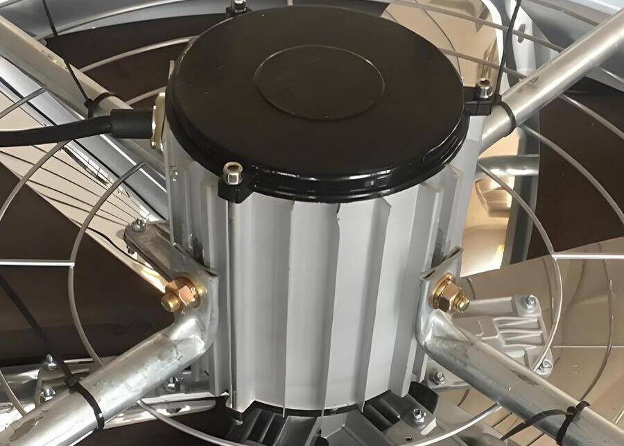 A close-up of an energy-efficient EC motor on a direct drive fan.