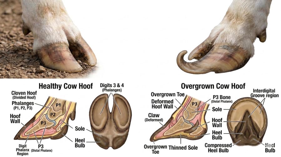 Healthy vs Overgrown Cow Hoof A diagram showing a healthy hoof versus a deformed, overgrown hoof