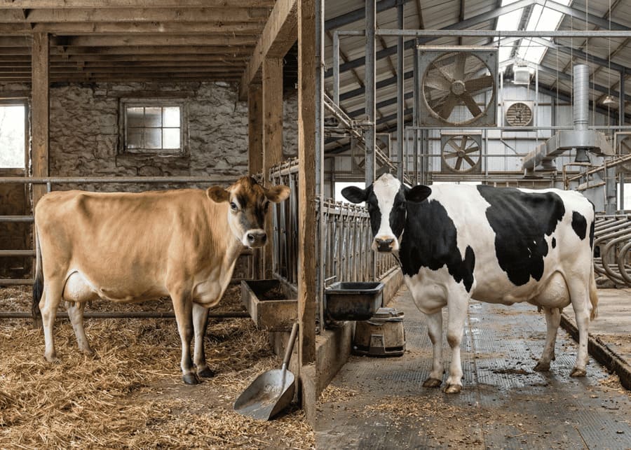 The image shows the differences between Holstein and Jersey cattle..