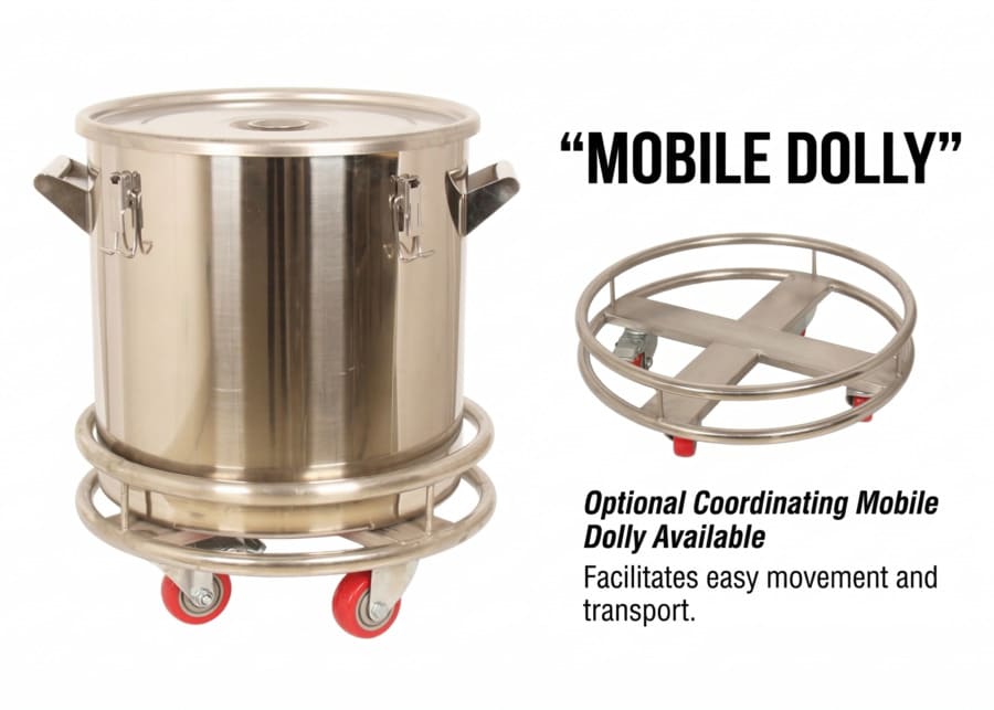 A cylindrical milk can, next to which is a matching transport trolley.