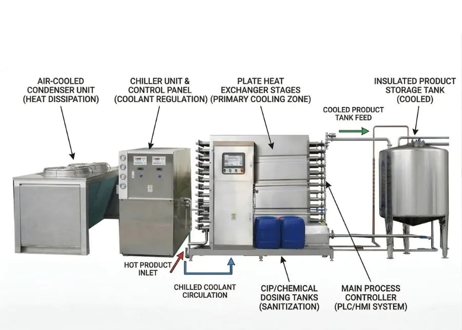 Rapid Milk Cooling System Benefits Diagram showing a rapid milk cooling system with heat recovery