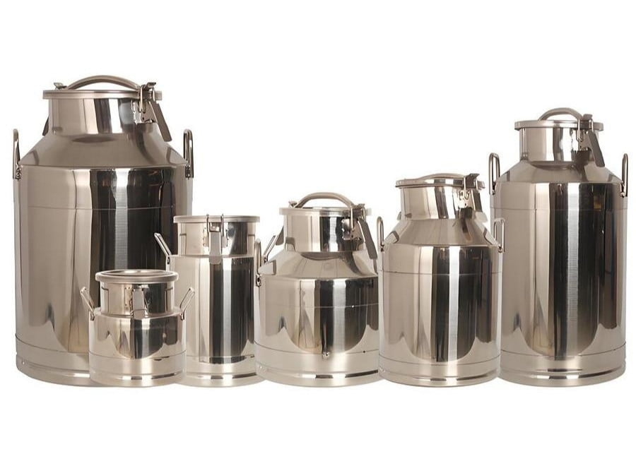 Milk Can Sizes A lineup of different sized stainless steel milk cans