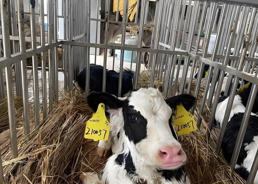 A close-up of a yellow traditional TPU ear tag on a calf's ear