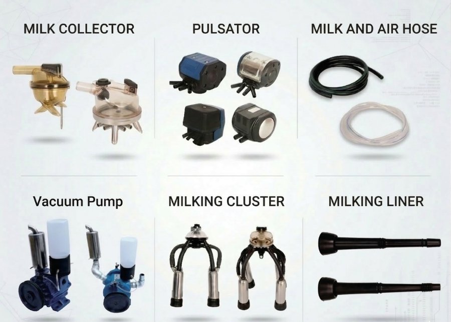 A collection of milking machine spare parts like liners and tubes
