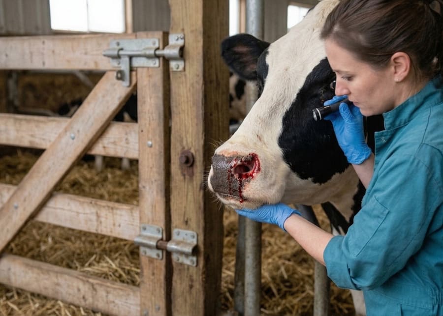 A cow being examined for a nosebleed