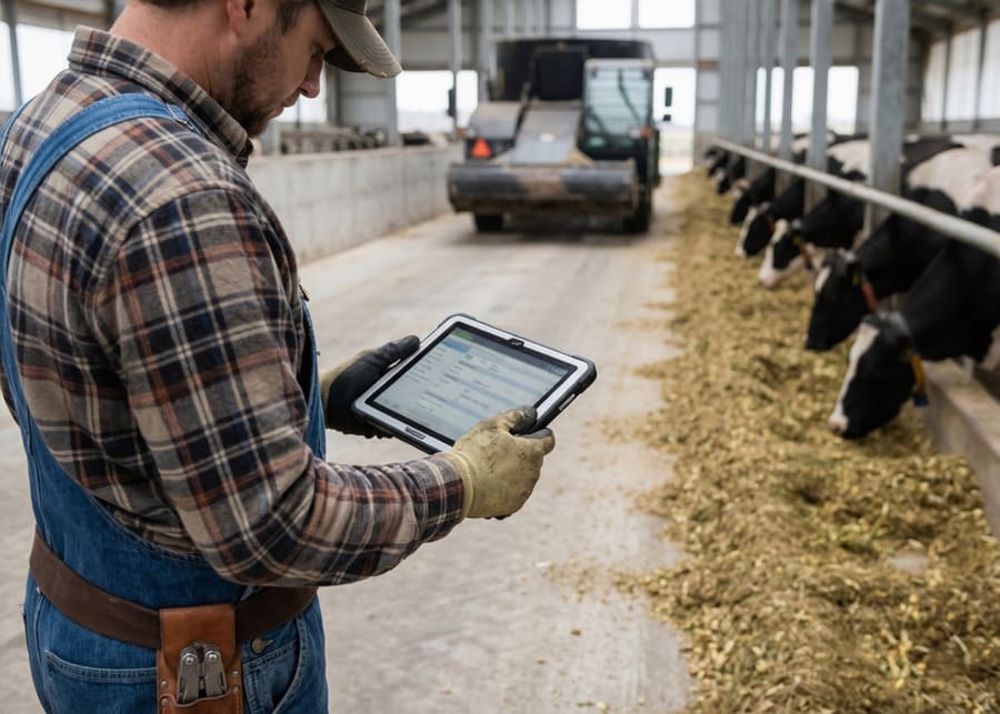 A farm manager calculating feed costs on a tablet