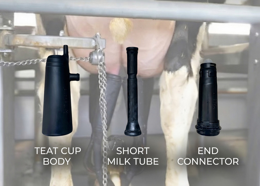 The components of a milking cluster consist of the teat cup shell, the milk tube, and the teat liner.