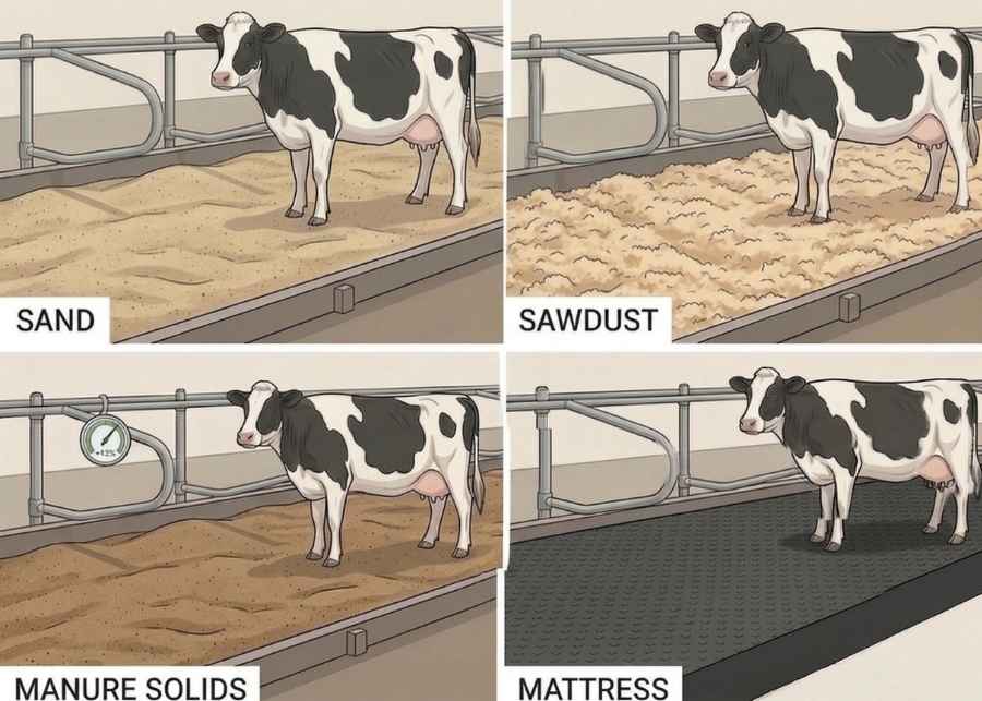 Different types of cow bedding materials like sand, sawdust, and rubber mats