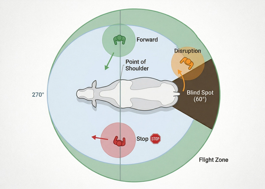 Diagram showing a cow's flight zone and blind spot