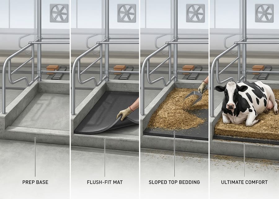Step-by-step installation of a rubber cow mattress in a stall