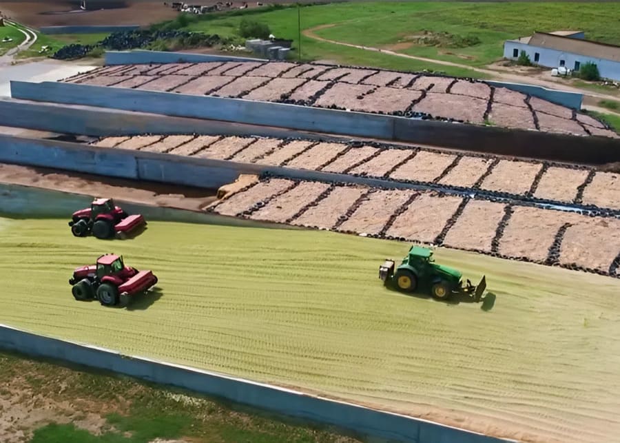 Workers are using equipment to compact silage.