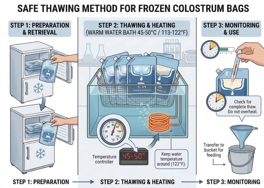 frozen colostrum bags thawing in a warm water bath