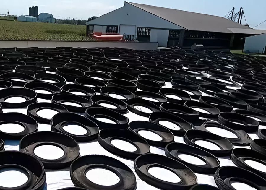 Weighing down silage film with tires