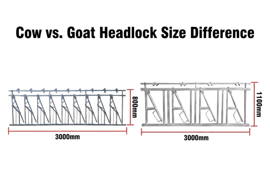 Cow vs. Goat Headlock Size Difference A side-by-side comparison of a large cow headlock and a smaller goat headlock