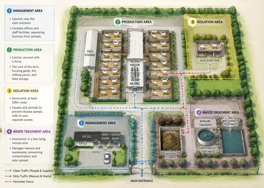 Diagram showing the four key zones of a dairy goat farm layout