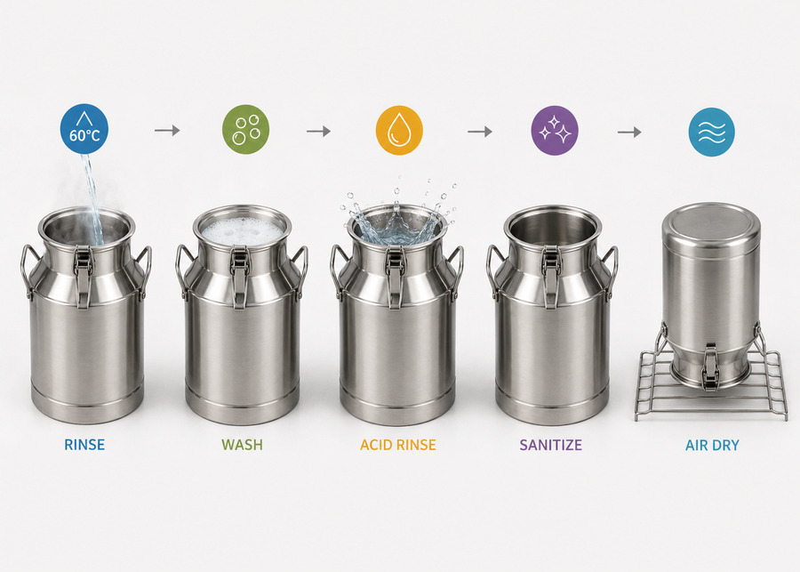 A diagram showing the correct steps for cleaning a milk can