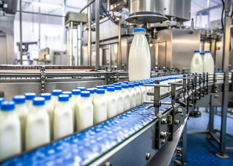 Fully automatic milk bottling and packaging line for dairy farm processing plants.