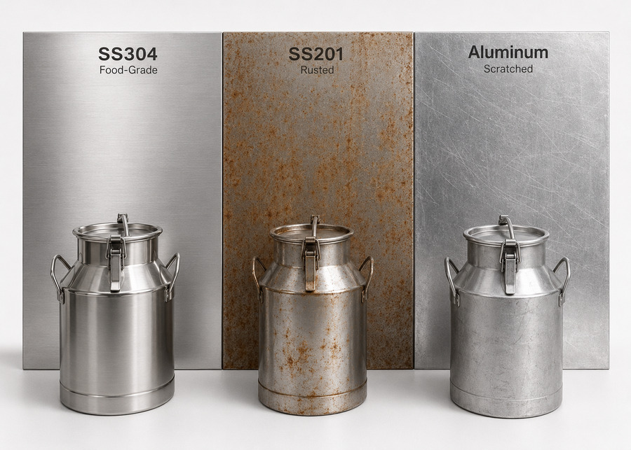 A comparison of SS304 steel, rusted SS201, and scratched aluminum