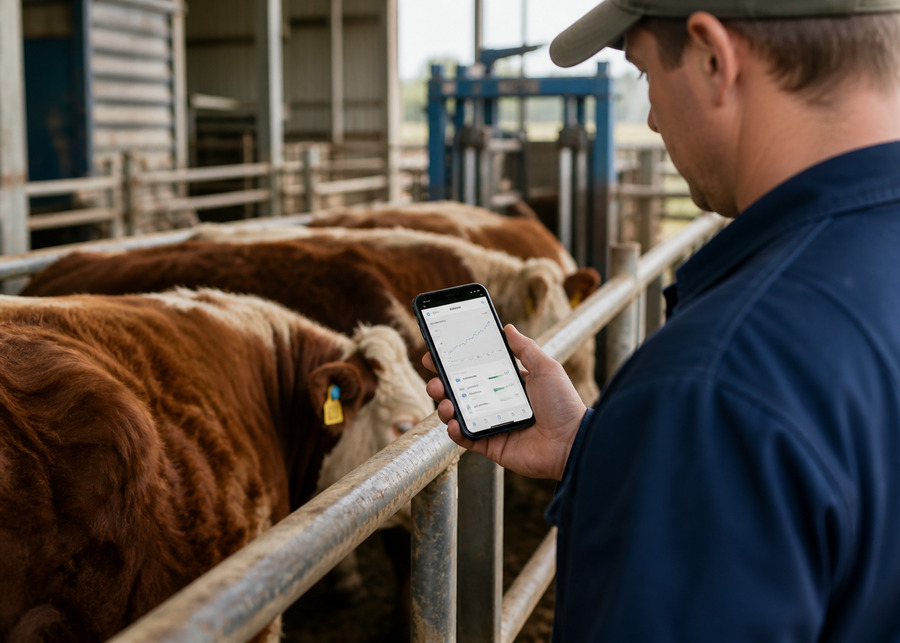 A farmer checking herd data on a mobile app