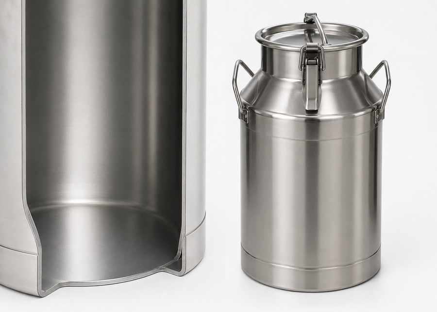 A cross-section showing the seamless interior of a deep-drawn milk can