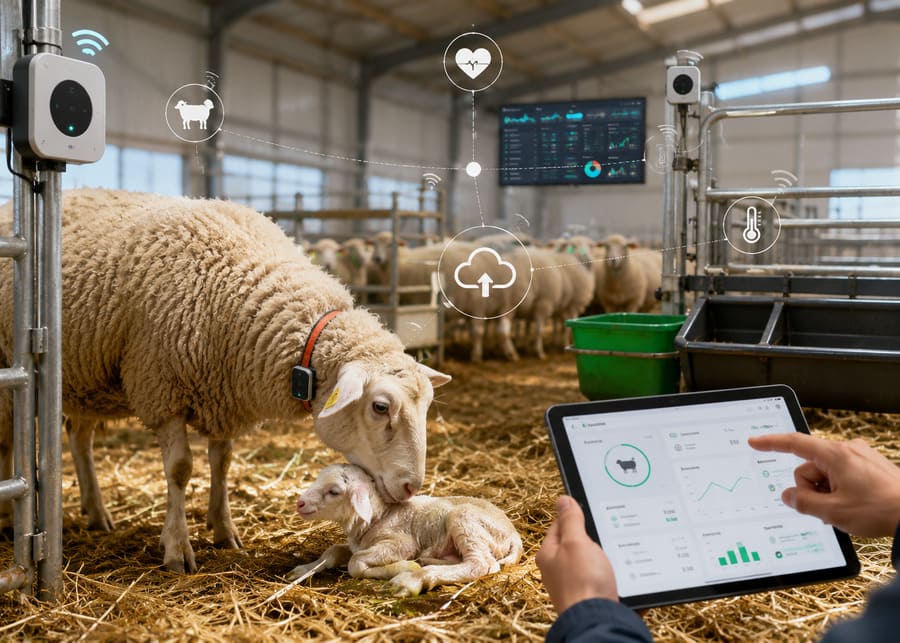 A modern sheep farm with integrated smart technology and data overlays