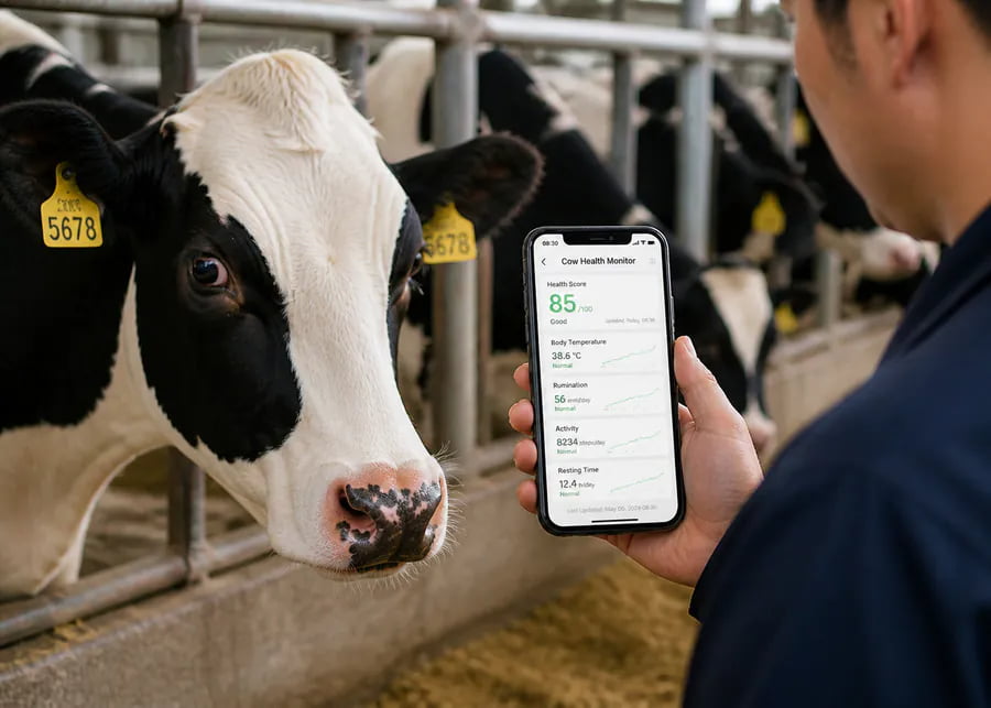 A ranch manager checking cow health data on a smartphone