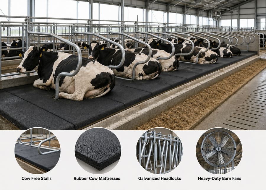 Cow Free Stalls and Headlocks Essential equipment inside a 30-cow dairy barn including hot-dip galvanized headlocks, cow free stalls, rubber mattresses, and heavy-duty barn fans.