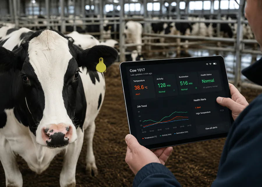 A farm manager surveying a barn with a tablet