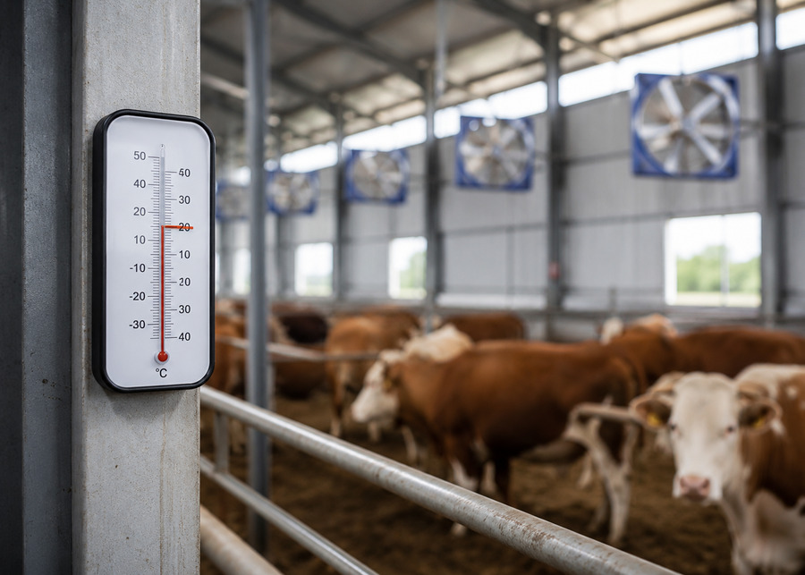 Barn Temperature Threshold Thermometer in a beef barn showing 25 degrees Celsius, the threshold for turning on fans.