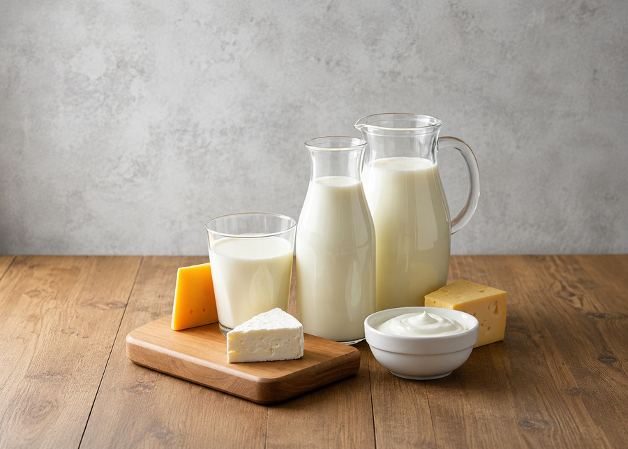 A glass of goat milk next to goat cheese