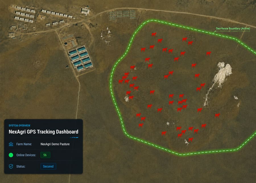 NexAgri GPS tracking dashboard showing live cattle locations within an active geo-fence boundary