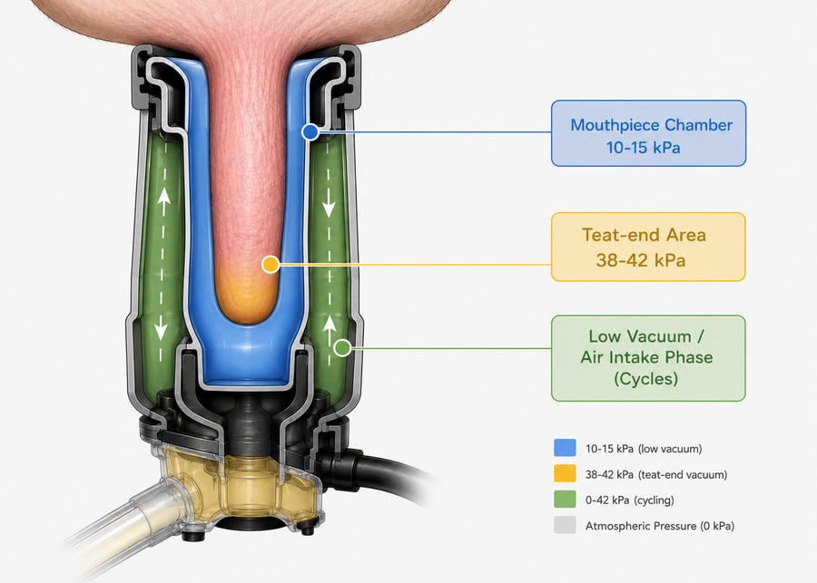 A diagram showing the vacuum levels inside a milking cluster during operation
