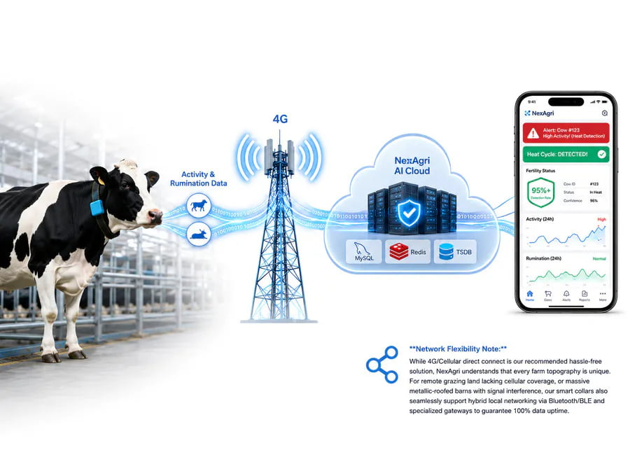 NexAgri 'Muxun' 4G Direct-to-Cloud Cow Tracking IoT system architecture and real-world application with over 95%+ fertility detection rate, illustrating seamless data flow, AI Cloud with MySQL, Redis, TSDB, and flexible backup local networking for total data certainty