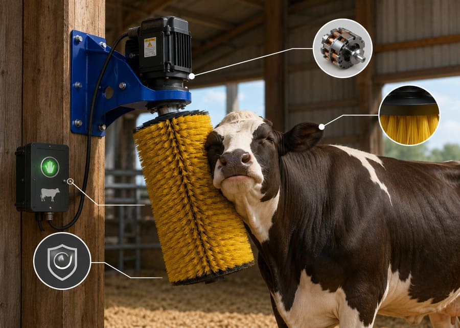 Diagram showing the smart sensor and motor of a cattle brush