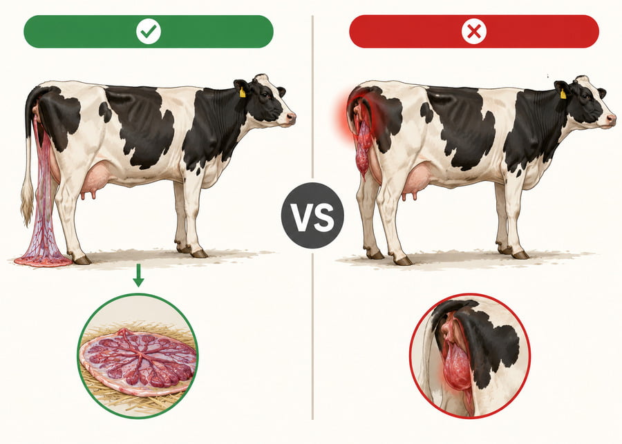 A side-by-side comparison diagram showing a normal cattle placenta expulsion versus a severe post-calving uterine prolapse emergency in a Holstein cow.