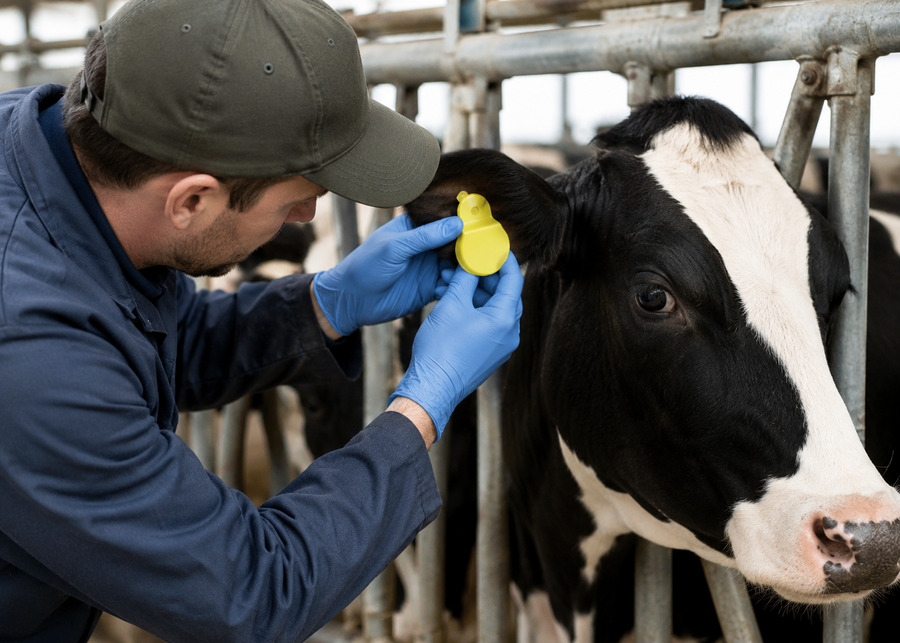 A farmer checking a cow's ear after a smart tag has been installed