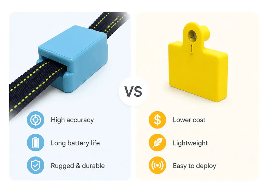 NexAgri smart cow monitoring hardware comparison: High-accuracy blue smart collar vs lightweight, cost-effective yellow smart ear tag