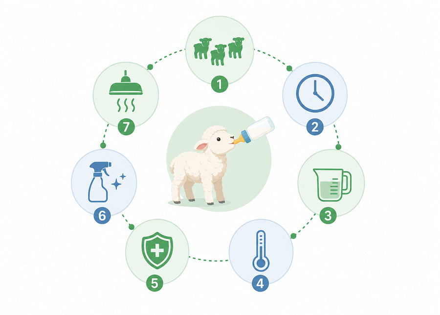 The Seven Determinations for Lamb Rearing Checklist An infographic checklist outlining the Seven Determinations for successful artificial lamb rearing protocols, including temperature and hygiene.