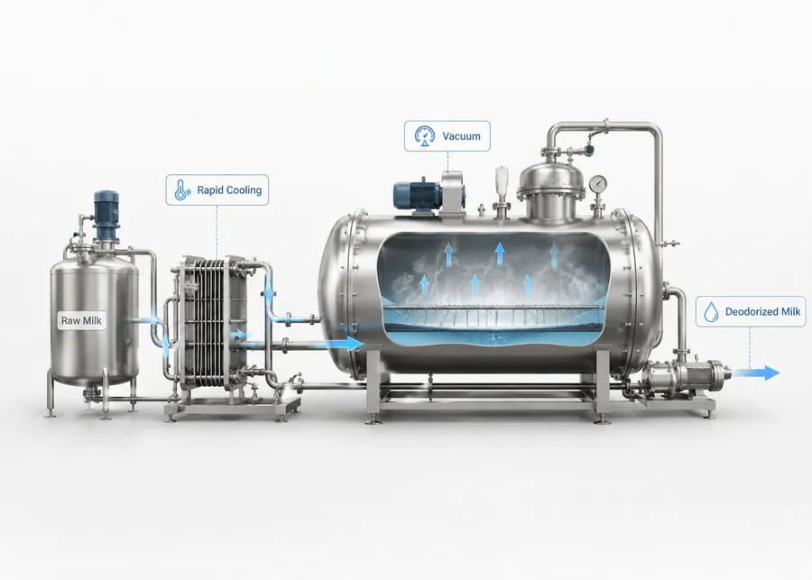 NexAgri vacuum deodorizer tank and milk quick cooling system diagram for goat milk flash deodorization