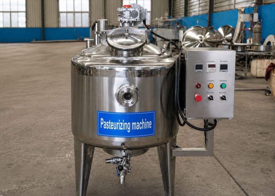 A digital control panel on a dairy pasteurizer showing precise temperature readings.