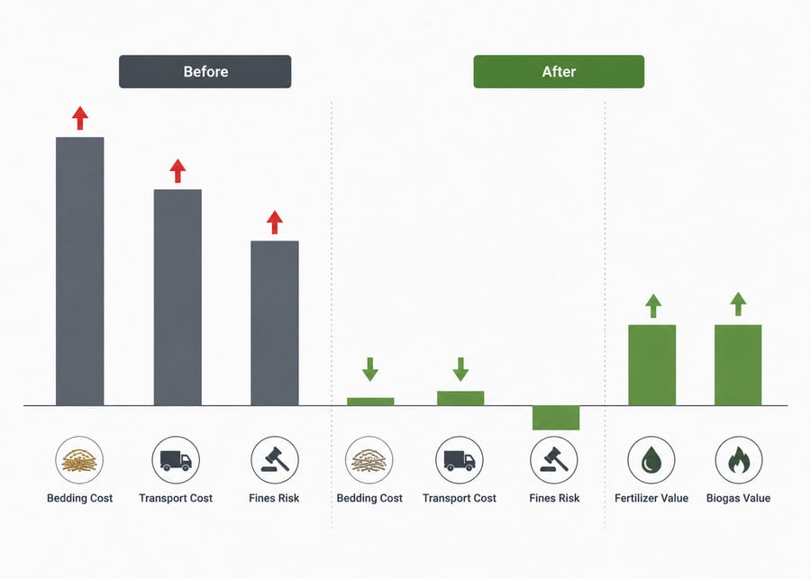 Manure Separator System Return on Investment (ROI) Infographic Manure separator ROI comparison chart showing before and after operational costs, bedding savings, transport reduction, and fertilizer value