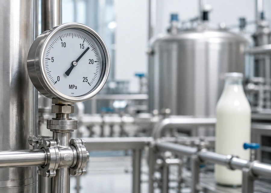 homogenizer pressure gauge dial showing optimal 16.5 MPa on dairy processing line