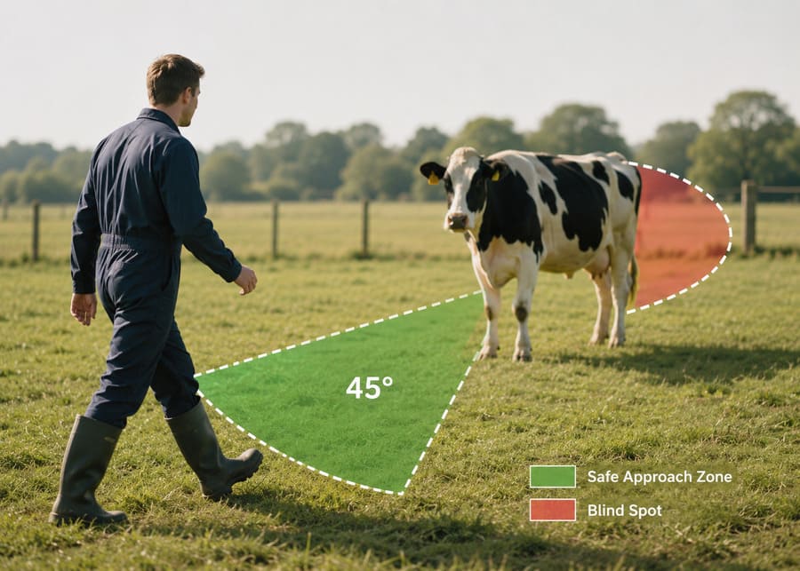 How to Safely Approach a Cow: Flight Zone and Blind Spot Diagram Diagram illustrating a safe 45-degree approach zone in green and the rear blind spot in red as a farm worker approaches a Holstein cow, explaining proper livestock handling and cow behavior